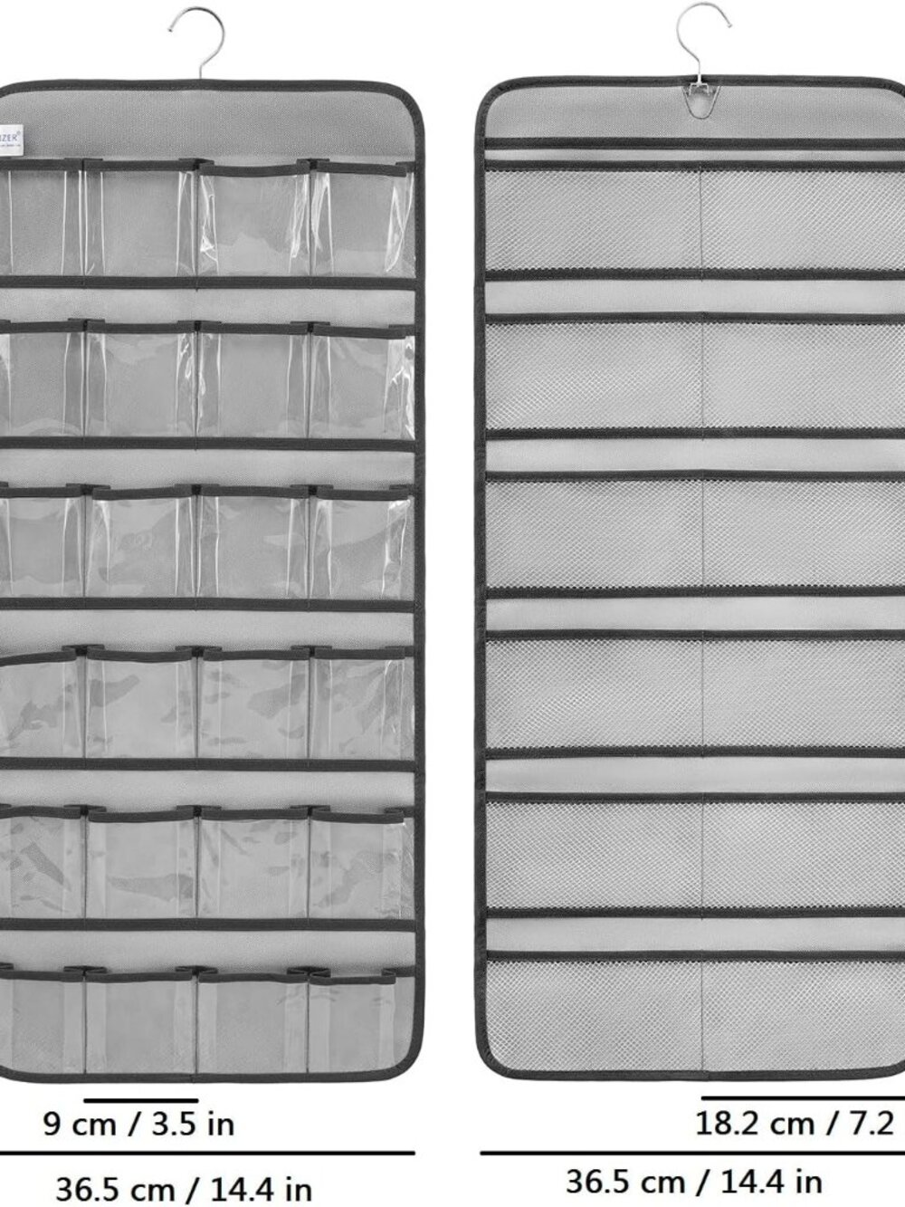 Four Hanging Closet Organizers 24 Small Pockets & 12 Mesh Pockets Grey 31"Hx14"W